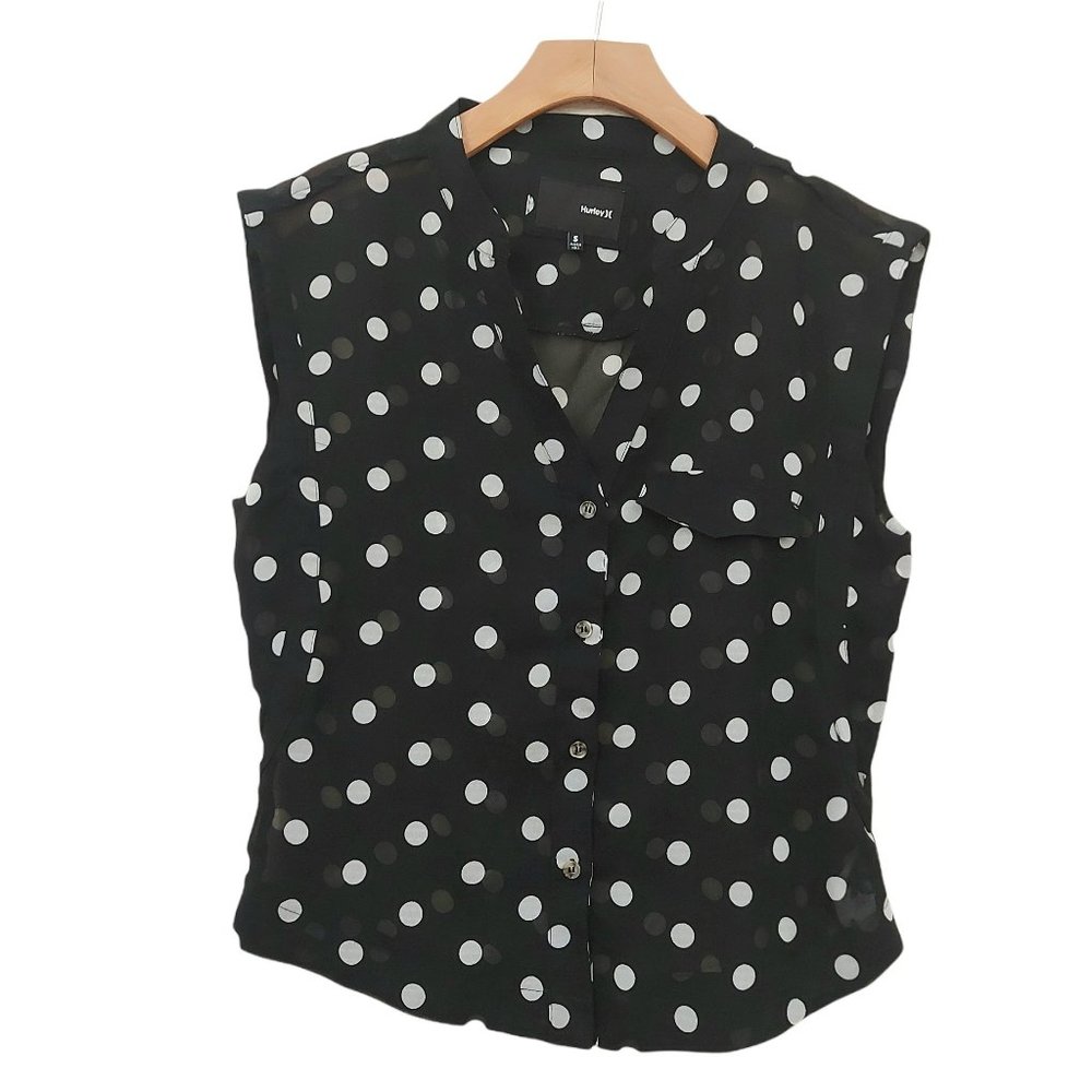 Hurley Sheer Blouse  Womens Small  Black Sleeveless Polka Dot V-Neck Button Up